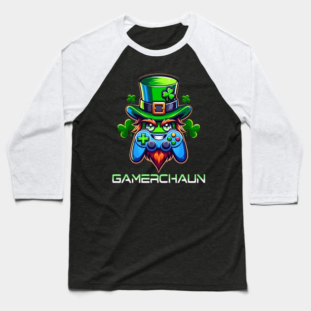 Video Gamer Gamerchaun Gaming Leprechaun Baseball T-Shirt by Dibble Dabble Designs